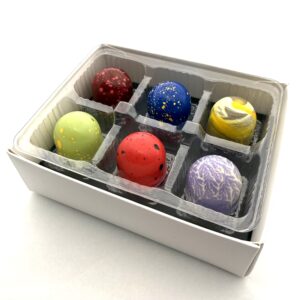 A Cacao Boys custom gift box of six hand-painted bonbons
