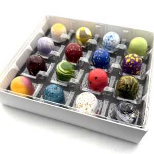 A Cacao Boys custom gift box of sixteen hand-painted bonbons