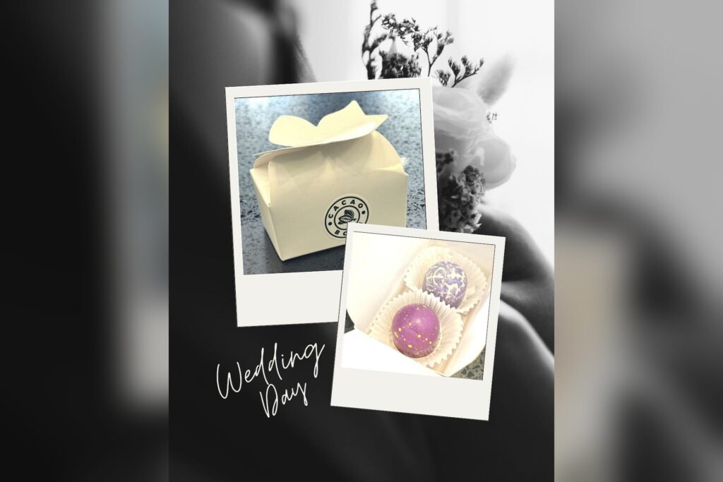A Cacao Boys wedding-favour box with two hand-painted bonbons