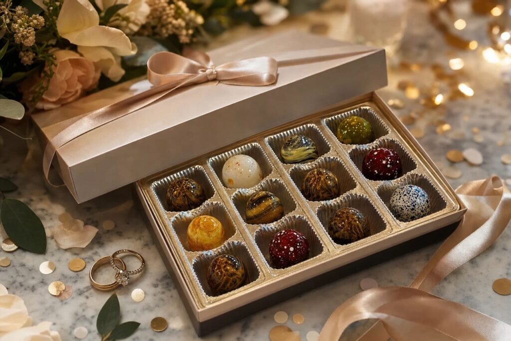 A ribboned gift box of painted chocolates beside a pair of wedding rings