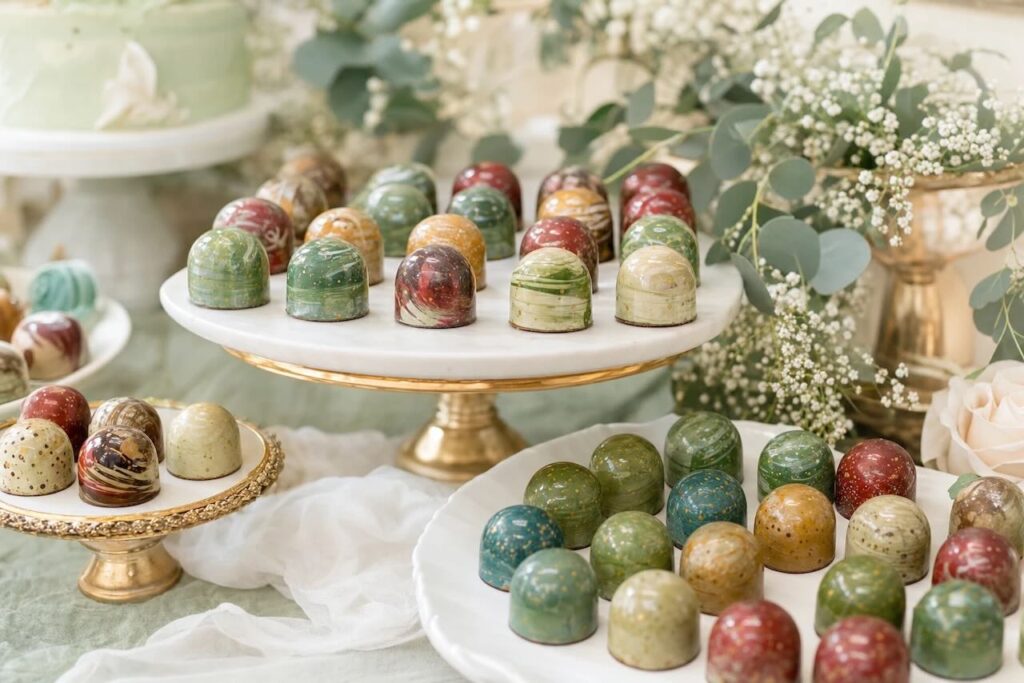 Hand-painted bonbons on marble cake stands at a floral wedding dessert table