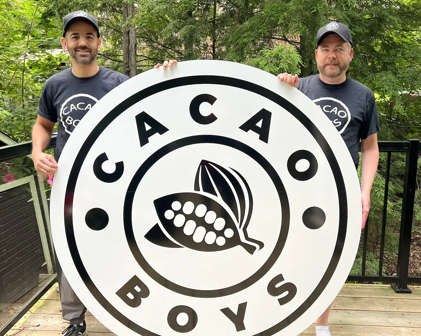 The Cacao Boys team with the shop logo in Bala, Muskoka