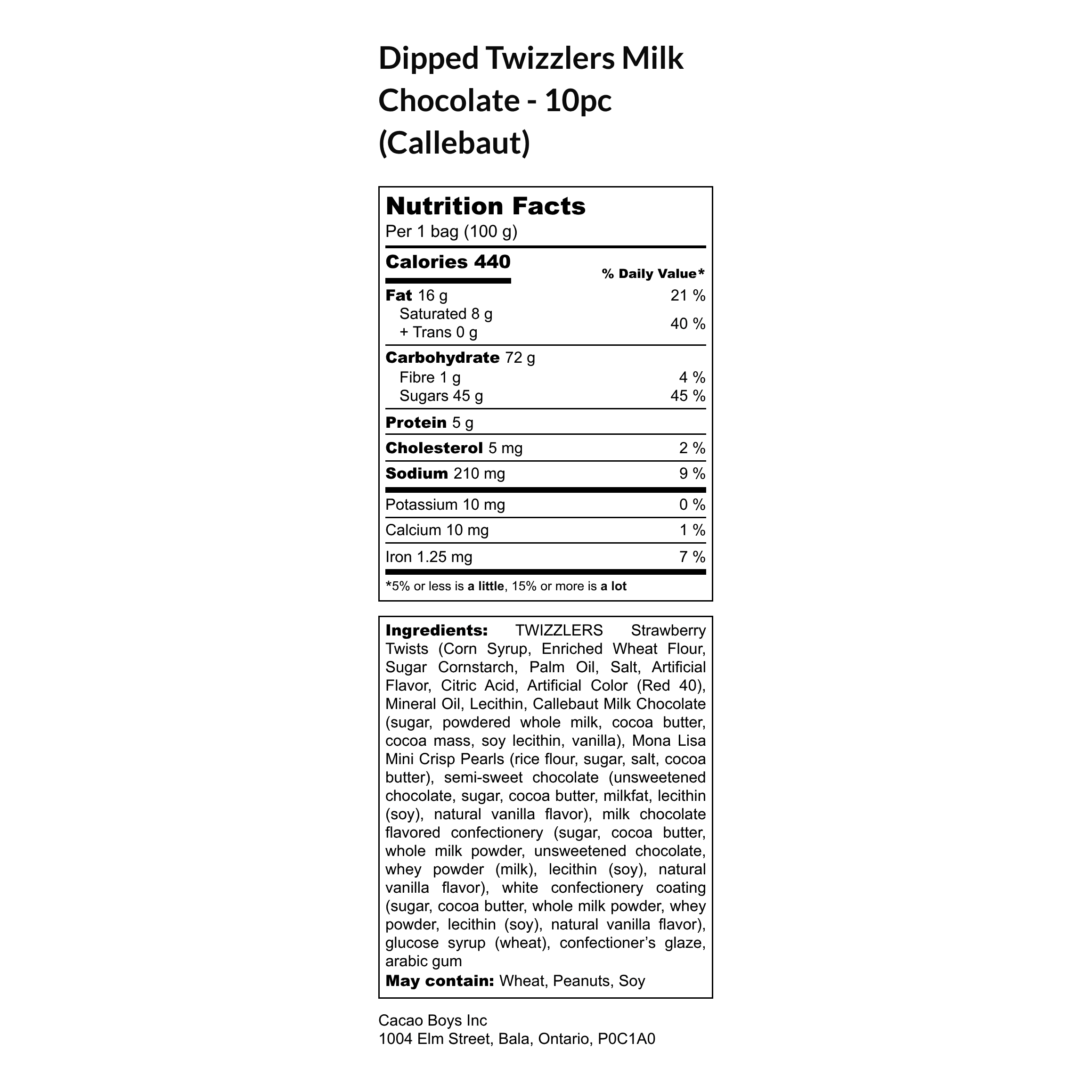 Nutrition facts and ingredients label for Chocolate Dipped Twizzlers (Red) in Milk Chocolate - 10 pc bag